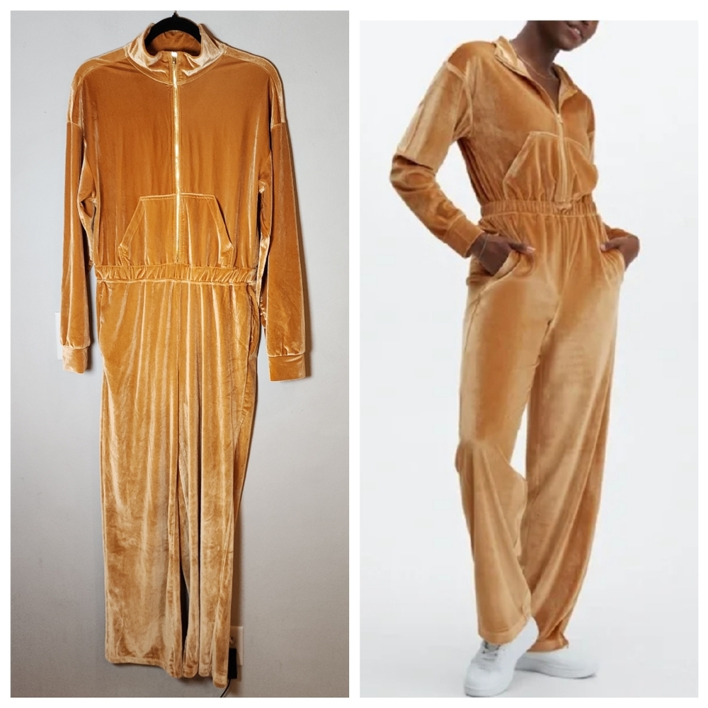 Fabletics Velour Zip-Up Wide Leg Onesie Long Sleeve Jumpsuit Size Large